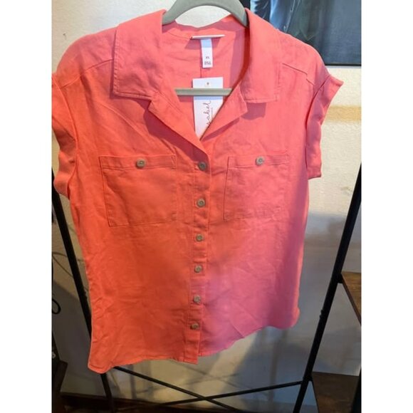 Short Sleeve Linen Button-Up Maternity Shirt By Ingrid & Isabel™ Pink XS - Picture 1 of 3